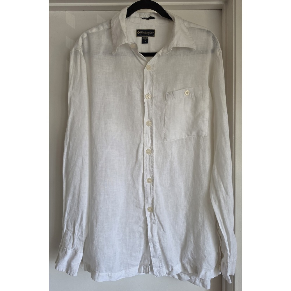 Weekender Men Linen Button-Up Shirt Size L White Solid Long Sleeve Button-Down